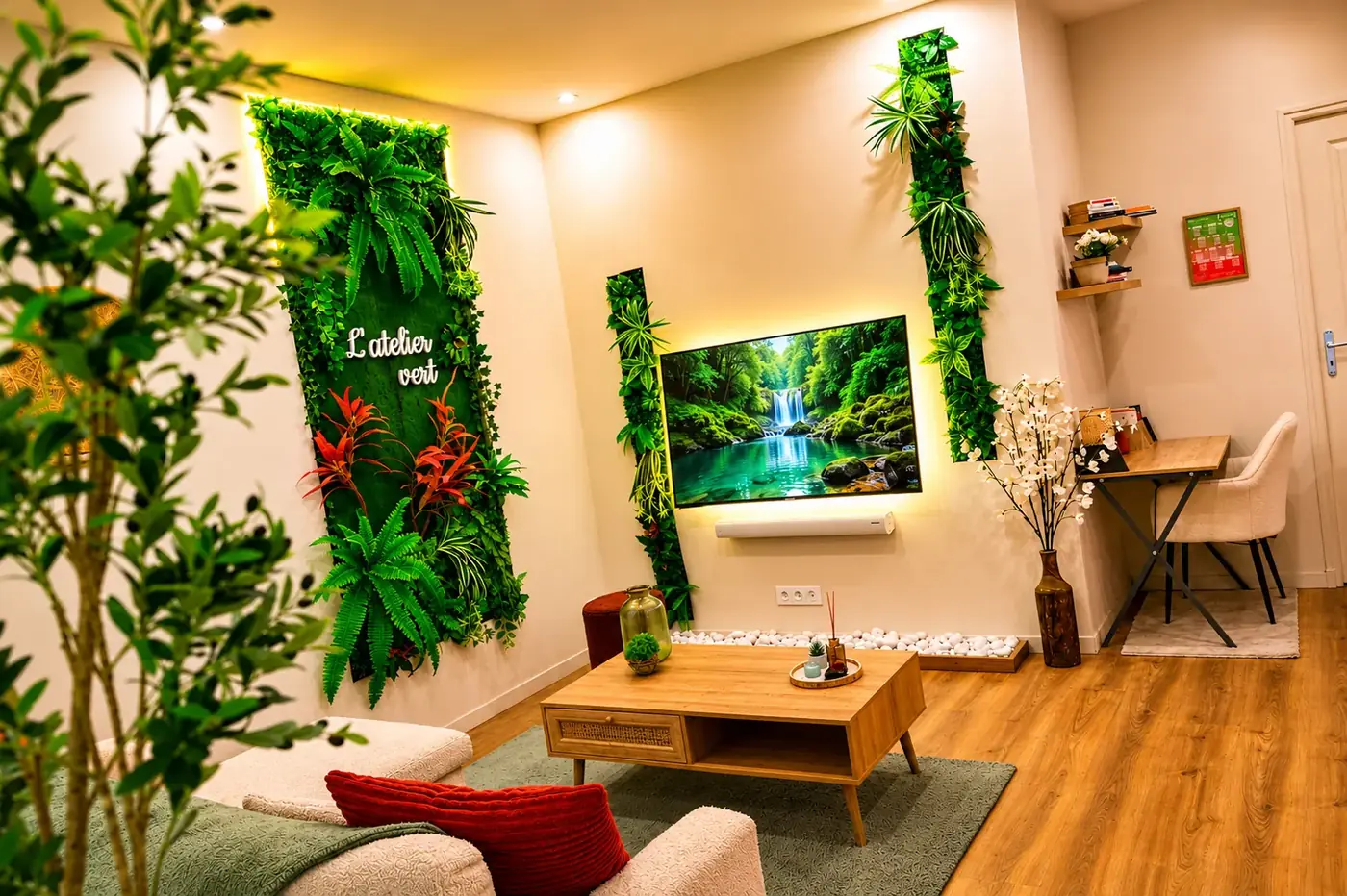 Salon végétalisé de L’Atelier Vert, appartement meublé à Troyes
